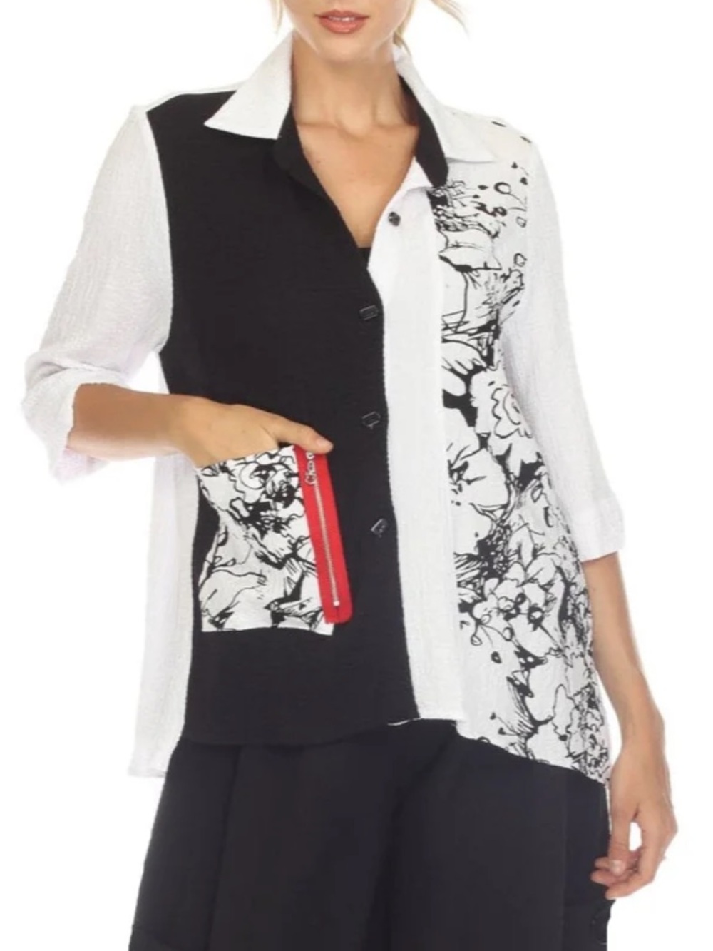 Black & White Floral Panel Button-Up Shirt with Red Zip Pocket